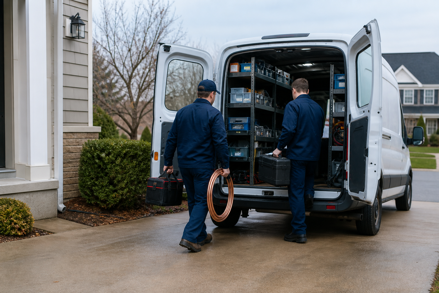 A-Team PHC technicians loading equipment from the company service van