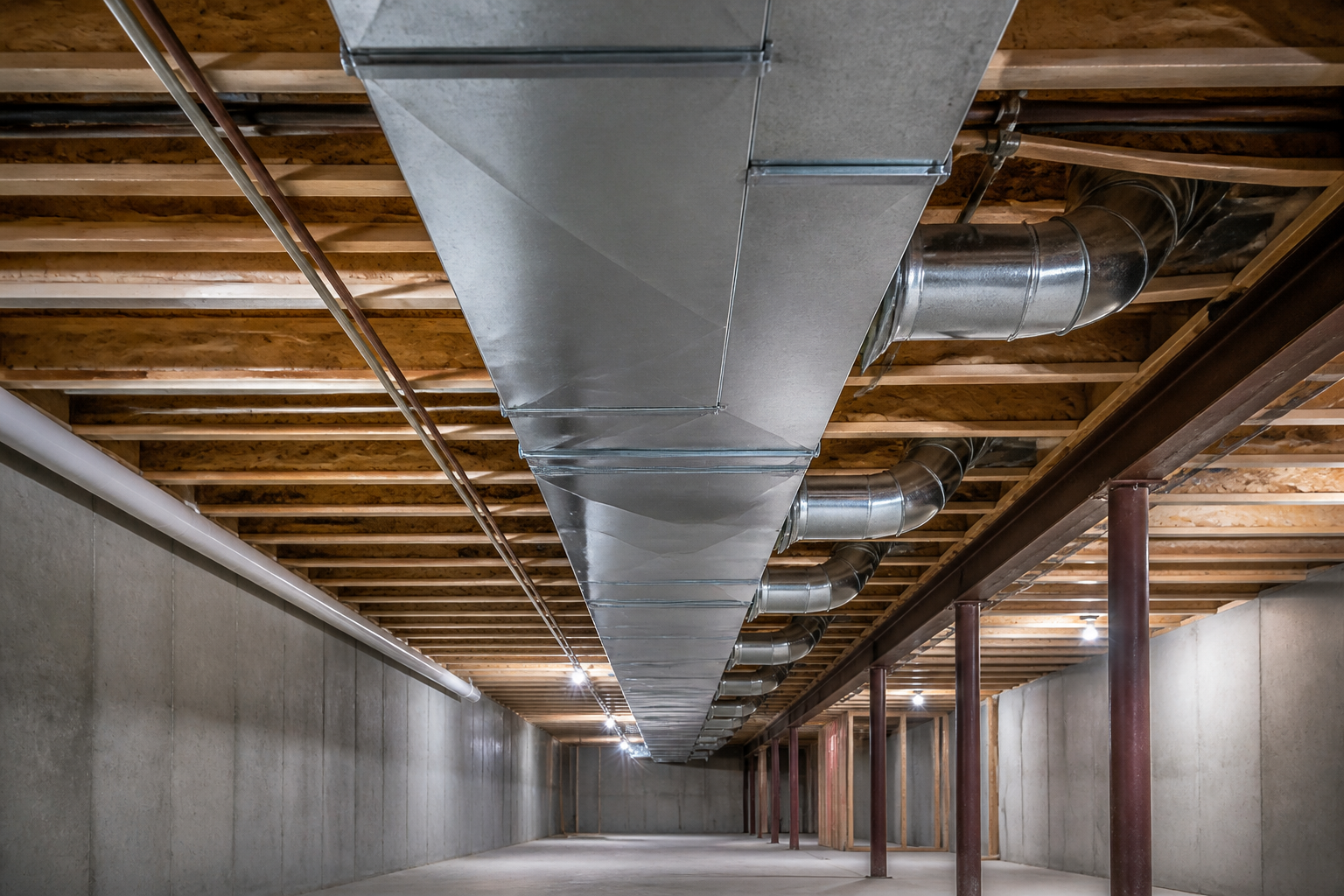 Freshly fabricated galvanized sheet metal trunk duct in a basement ceiling