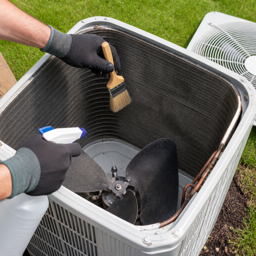 Technician cleaning air conditioner condenser coil fins during a tune-up