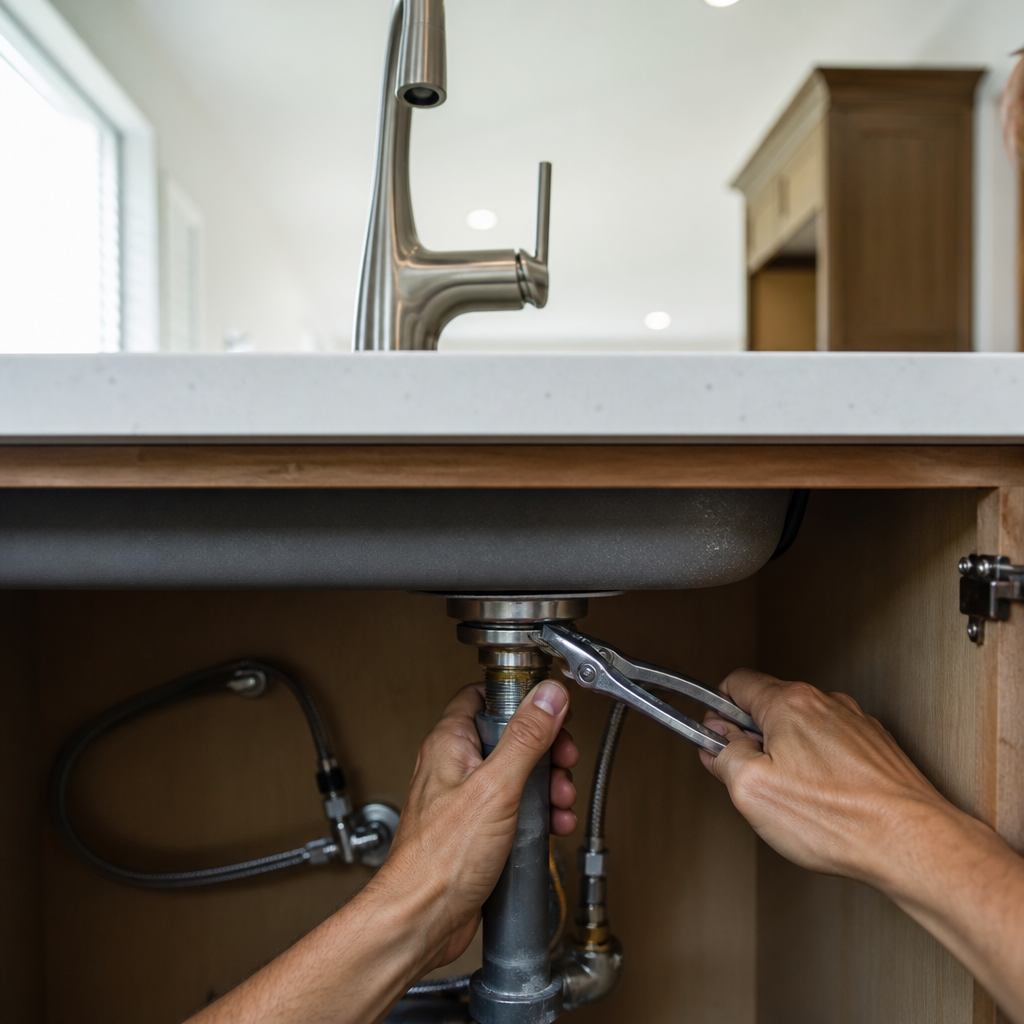 Plumber installing a brushed nickel kitchen faucet