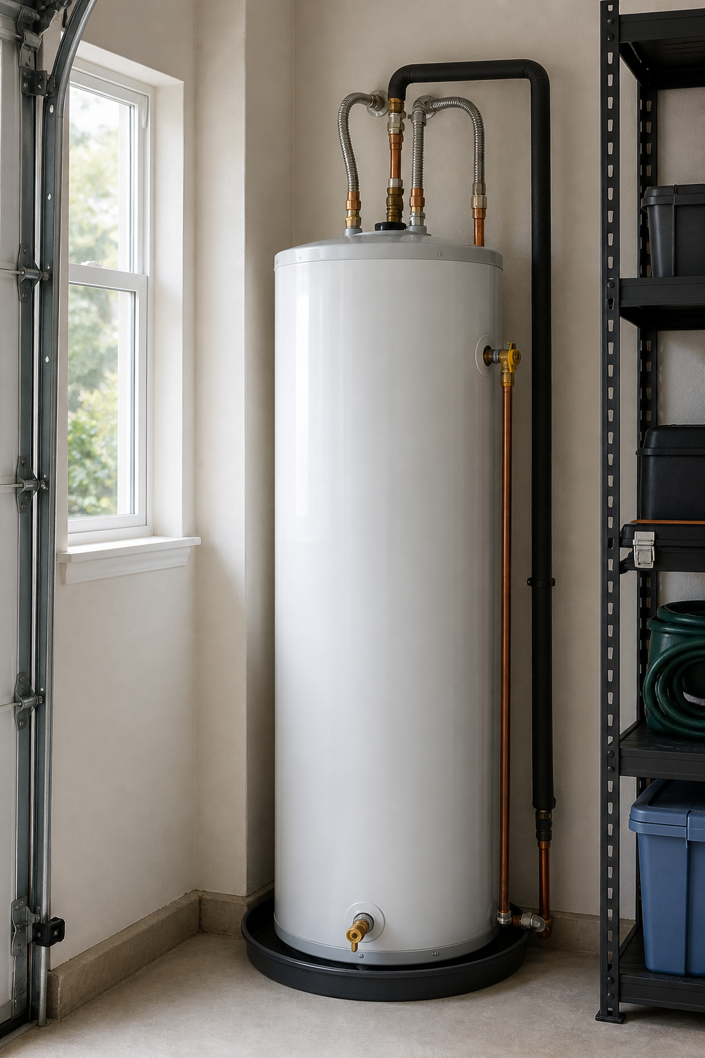 Newly installed residential water heater with copper connections